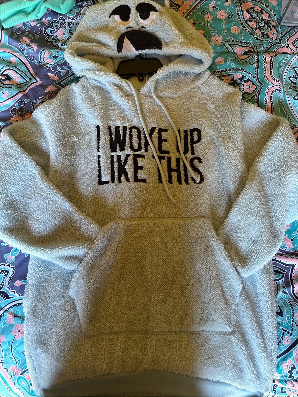 SHEIN Light Gray Plush Sherpa Hoodie with 'I WOKE UP LIKE THIS' Graphic